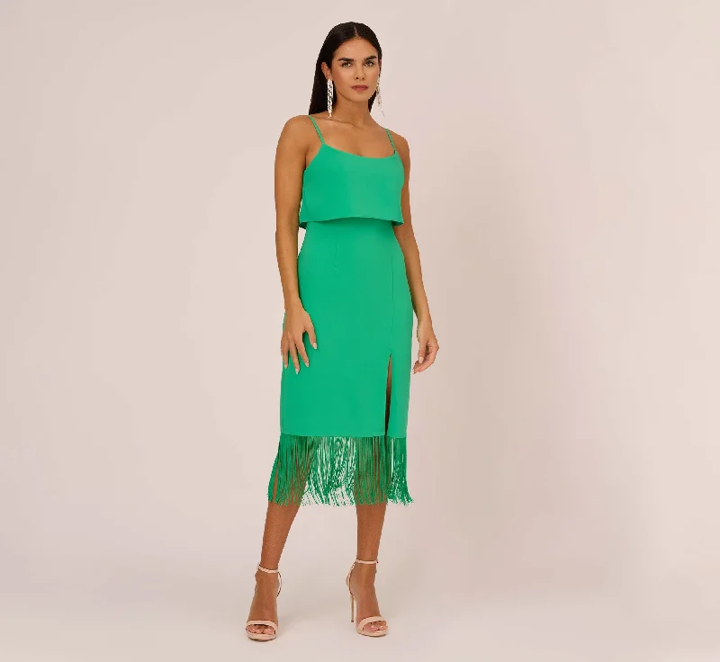 Stretch Crepe Popover Midi Dress With Fringe Hem In Summer Green