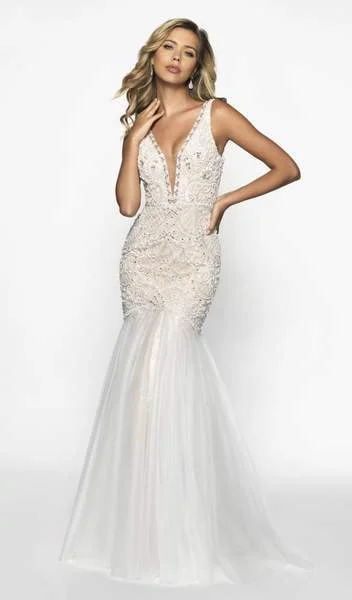 Flair Prom - Embellished Illusion Plunging Neck Tulle Trumpet Dress 19213 - 1 pc Ivory/Nude In Size 8 Available