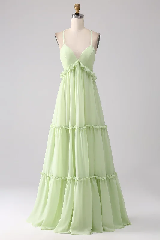 Ruffles A Line Green Bridesmaid Dress with Lace-up Back