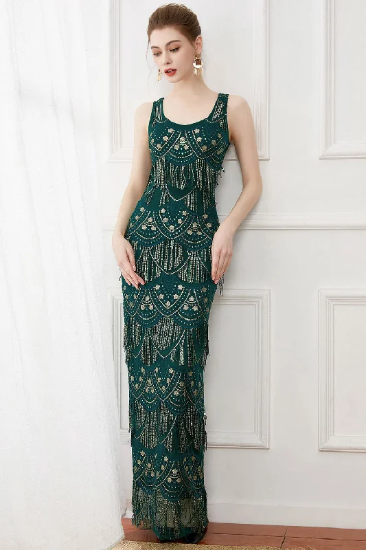 Dark Green Sheath Fringes Long 1920s Dress