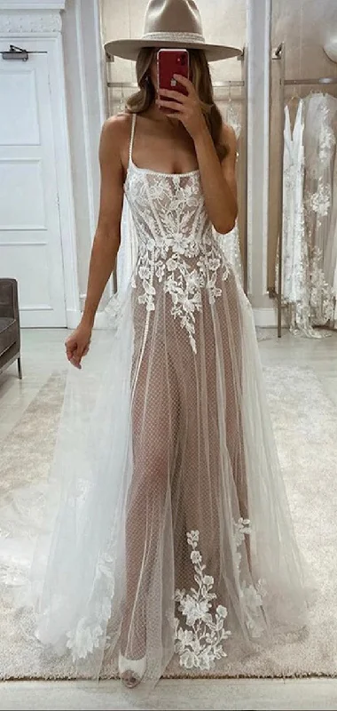 A-line Lace Boho Simple Vintage Dream Beach Long Wedding Dresses WD219