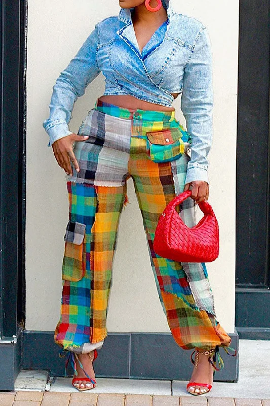 Colorful Checked Multi Pocket Ankle-Tied Pants