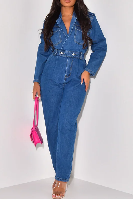 Solid Color Notched Lapel Commuting Denim Jumpsuit