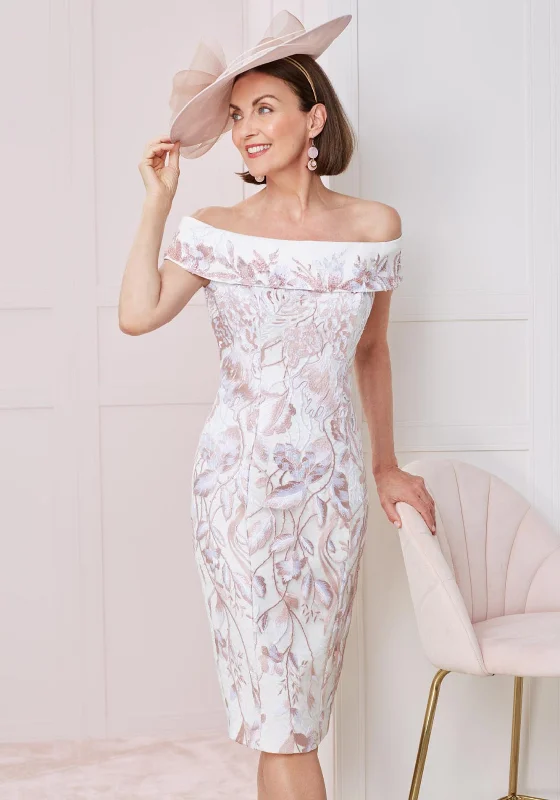 John Charles Embroidered Off the Shoulder Midi Dress, Rose & Ivory