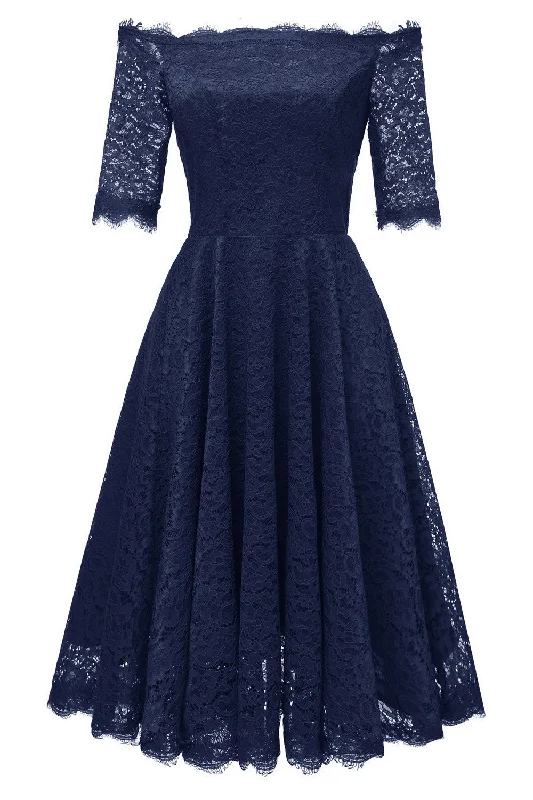 Off-the-shoulder Dark Blue Bridesmaid Wedding Guest Dress with Sleeves