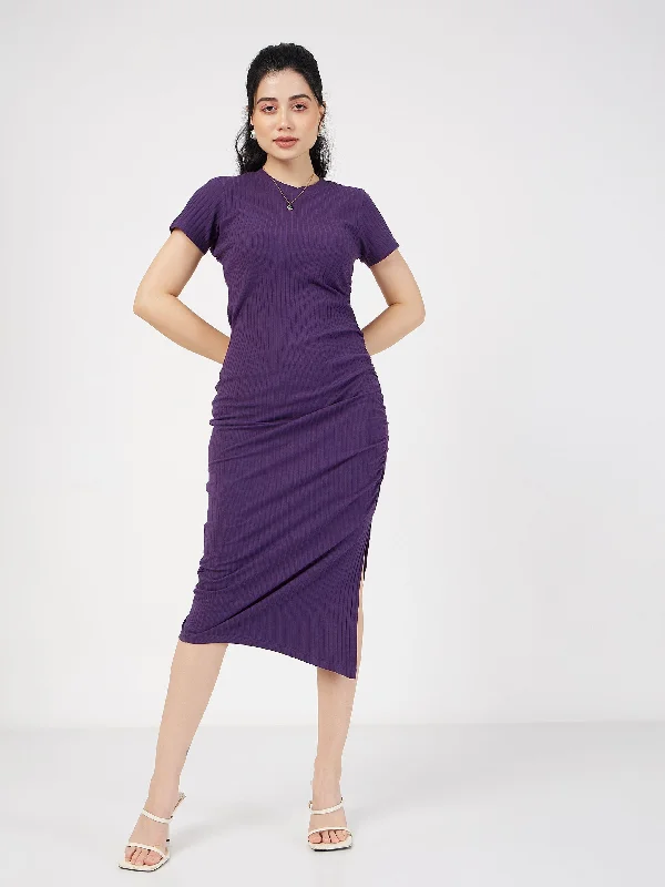 Lyush Women Purple Rib Side Ruched Bodycon Maxi Dress