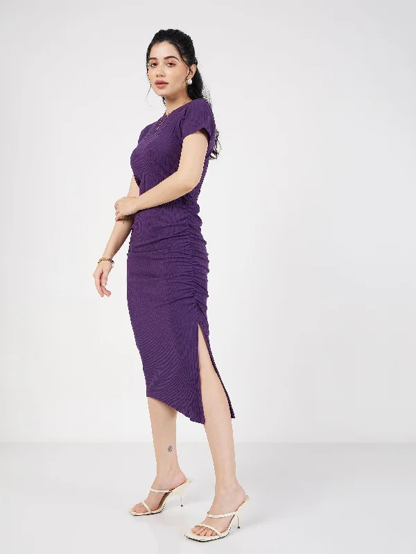 Lyush Women Purple Rib Side Ruched Bodycon Maxi Dress