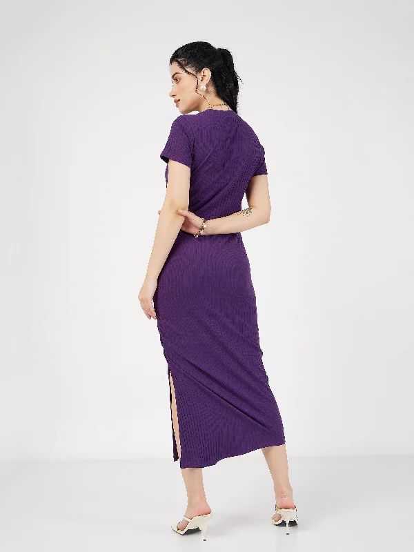 Lyush Women Purple Rib Side Ruched Bodycon Maxi Dress