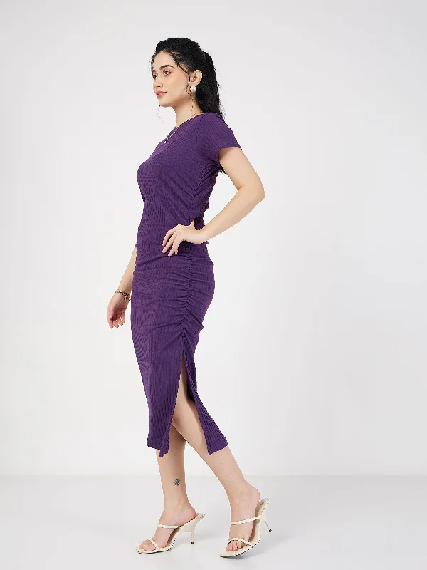 Lyush Women Purple Rib Side Ruched Bodycon Maxi Dress