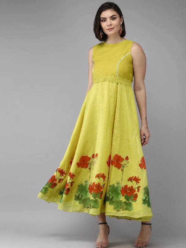 Women's Yellow Floral Chanderi Silk Maxi Dress - Bhama