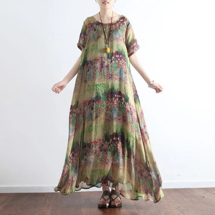 2022 Green Print Chiffon Dresses Casual Plus Size Maxi Dress Short Sleeve Large Hem Sundress