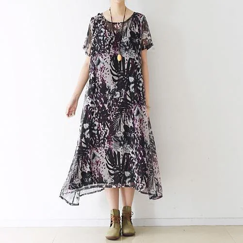 New Floral Chiffon Sundress Oversize Casual Beach Dresses Short Sleeve Maxi Dress