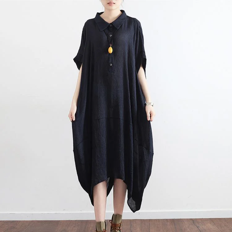 Black Casual Cotton Dresses Plus Size Asymmetricsundress Short Sleeve Maxi Dress