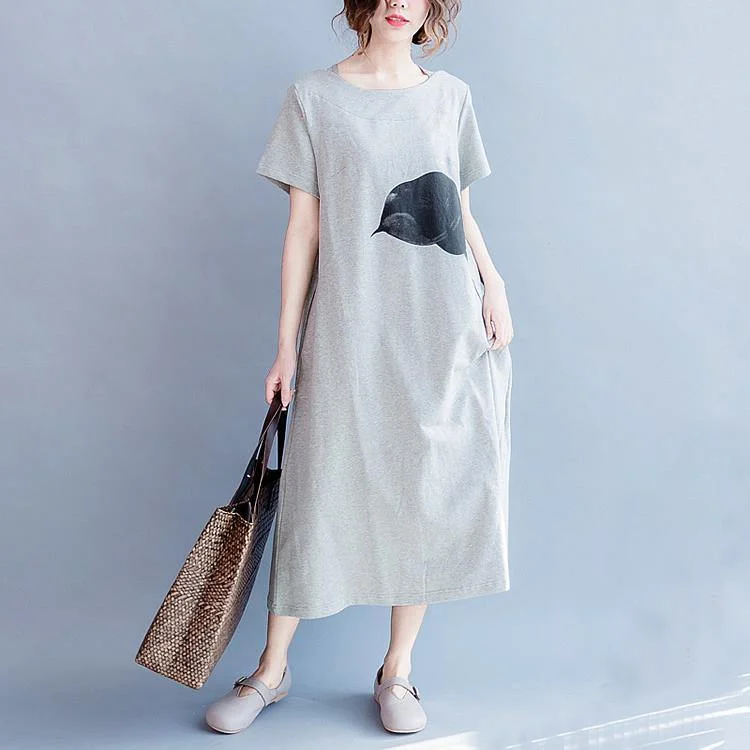 Fine Gray Cotton Dress Plus Size Clothing O-Neck Cotton Gown Women Back Side Open Cotton Dress