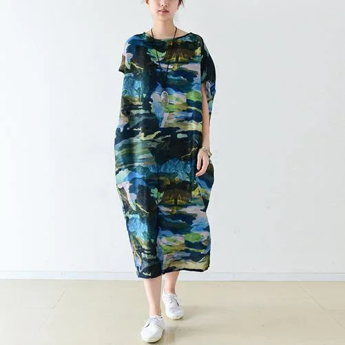 New Green Print Chiffon Dresses Plus Size Stylish Sundress Short Sleeve Maxi Dress