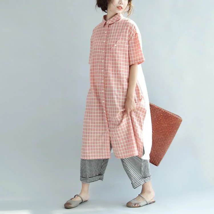 pink plaid oversize cotton maxi dress casual stylish summer dresses short sleeve prints shirt dress