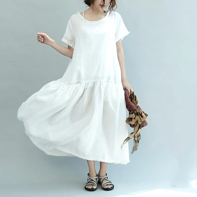 Summer Linen Dresses White Casual Oversize Sundress Short Sleeve Maxi Dress