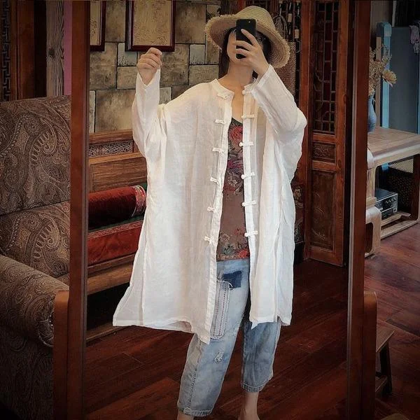 Vintage Coats 2020 Autumn Casual Long Sleeve Button Linen Plus Size Women Sun protection Trench